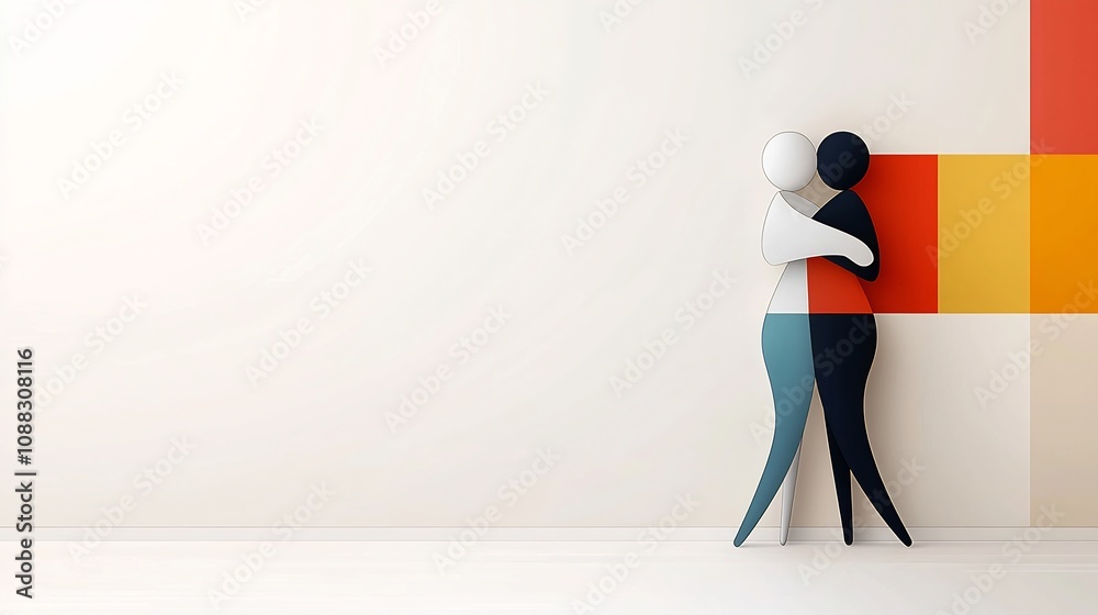 Poster minimalist and modern depicting two abstract geometric figures embracing in a stylish contemporary d