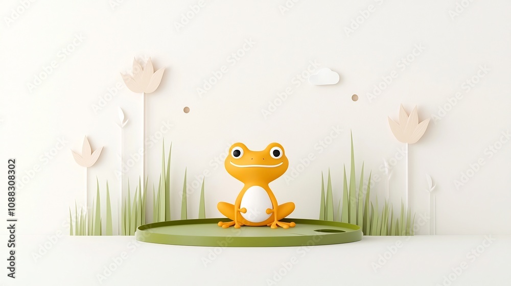 Aufkleber Minimalist and Stylized Icon Depicting a Frog Sitting on a Lily Pad with Cattails in the Background Representing the Biodiversity and Tranquility of a Wetland Ecosystem