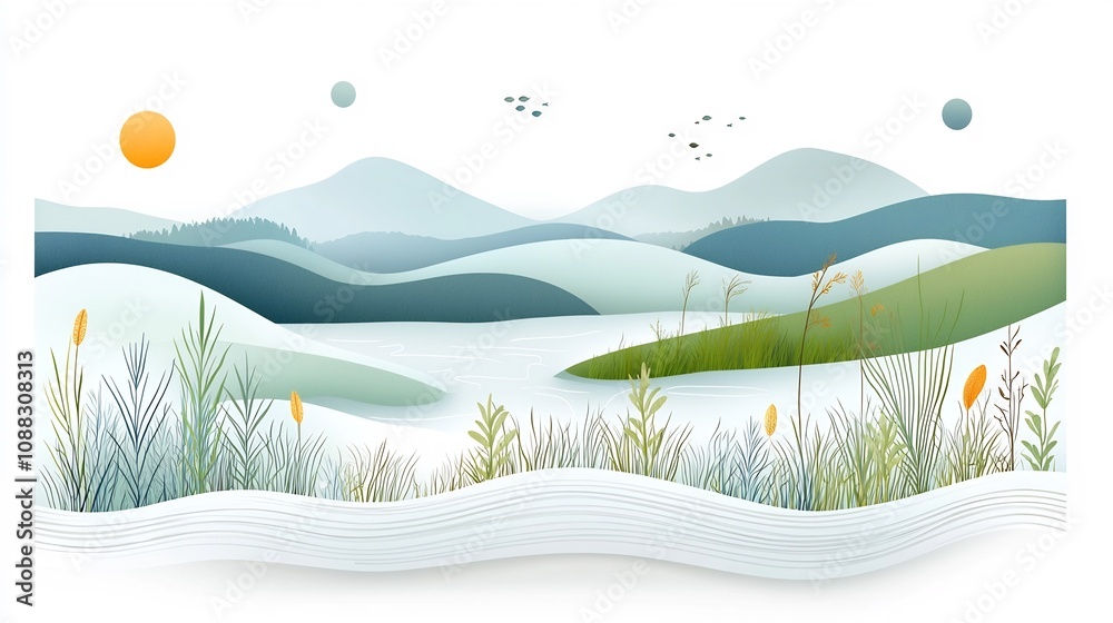 Aufkleber graphic symbol or icon depicting the essential elements of a wetland ecosystem including marsh plant