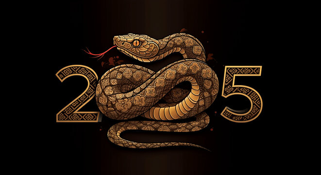 A stylized image of the Year of the Wood Snake (Chinese Zodiac for 2025), coiled gracefully around the numbers “2025”