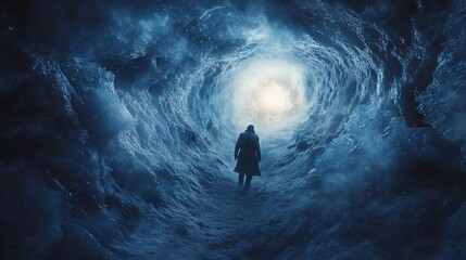 Fototapeta premium a man falling through an ice tunnel. Ice tunnel background, winter theme.