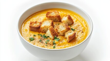 A bowl of creamy butternut squash soup garnished with croutons and a sprinkle of nutmeg, Each spoonful warm and comforting