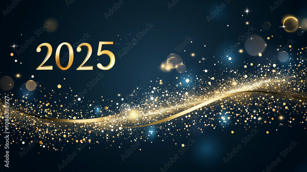 Wall mural 2025 happy new year abstract shiny gold glitter wave with bokeh design element