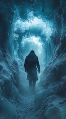 Fototapeta premium a man falling through an ice tunnel. Ice tunnel background, winter theme.