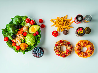 AI-Generated image of A plate of salad and a plate of donuts. The salad has lettuce, tomatoes, and carrots. The donuts are glazed and have sprinkles