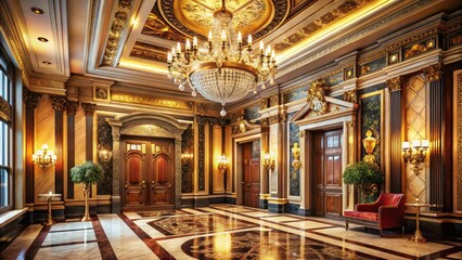 Obraz premium Vintage Style Photography of a Luxurious Palatial Elevator Lobby Featuring Dramatic Chandeliers, Ornate Finishes, and Elegant Architectural Details for Interior Design Inspiration