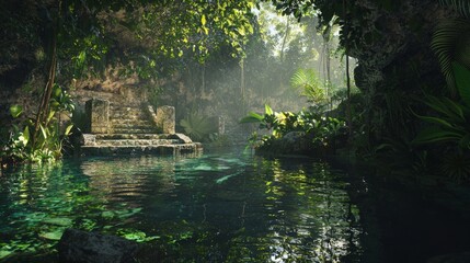 Naklejka premium Tranquil Sacred Mayan Cenote Amid Lush Greenery and Stone Altars with Crystal-Clear Water Reflection - Ultra-Detailed Image of Mayan Civilization