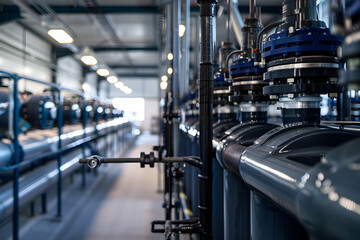 Fototapeta premium Modern wastewater facility purifying water with automated machinery in a clean, bright space.
