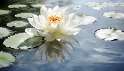 Beautiful natural appearance of delicate white flowers floating on the surface of a calm pond