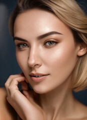 Obraz premium donna matura felice che si trucca il viso con i cosmetici davanti allo specchio