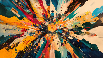 Abstract burst of colors and shapes, resembling an explosion of energy.