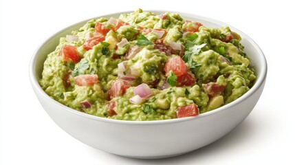 A bowl of creamy guacamole made with ripe avocados, diced tomatoes, onions