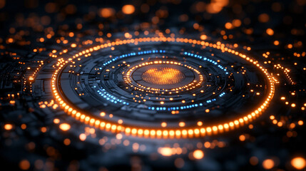 circular circuit board with intricate swirling patterns, representing the interconnectedness of technology, digital networks, and the flow of data in a modern digital landscape