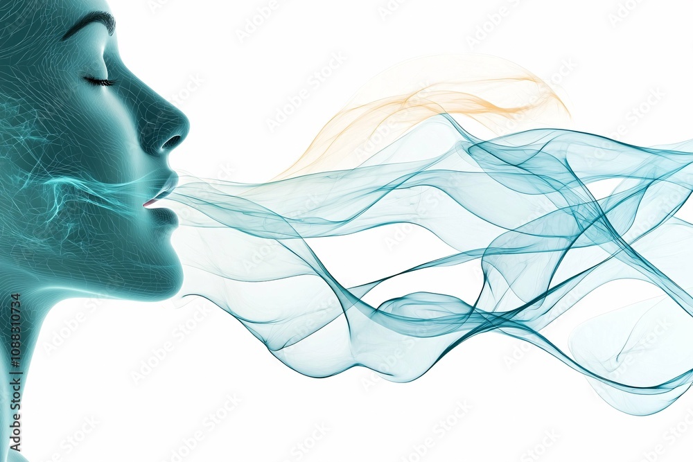 Aufkleber An individual performs deep breathing exercises against a white backdrop, accompanied by visual motifs of flowing air waves.