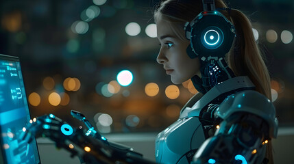 Chat Bot Chat with AI or Artificial Intelligence technology. Woman using a laptop computer chatting with an intelligent artificial intelligence asks for the answers he wants. ChatGP