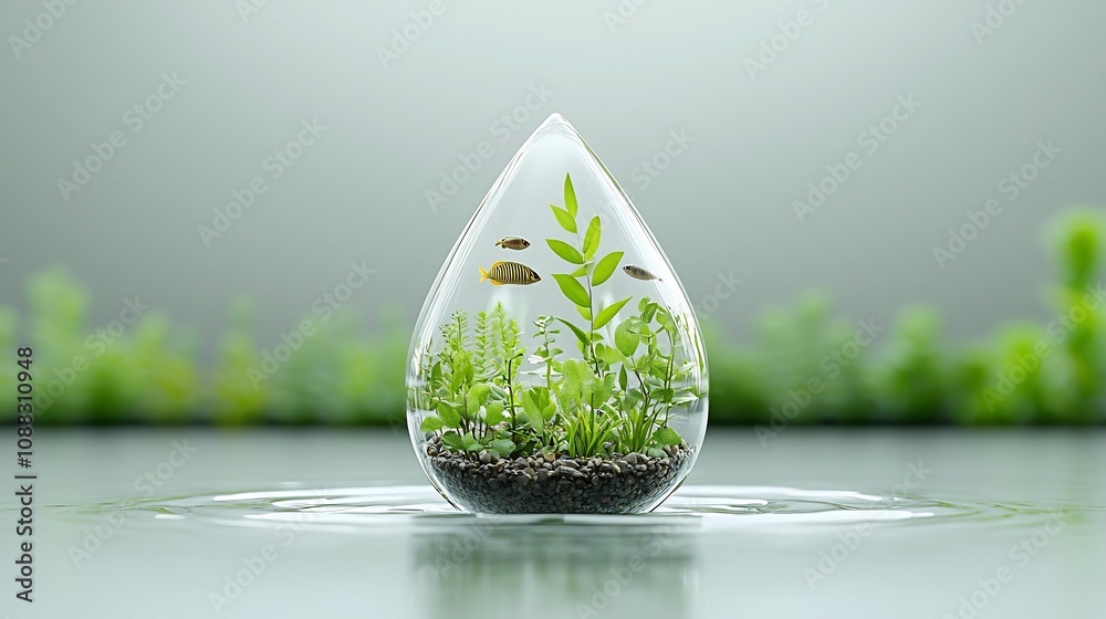 Aufkleber graphic of a water droplet filled with diverse aquatic life and plant forms symbolizing the preserva