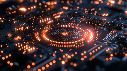 circular circuit board with intricate swirling patterns, representing the interconnectedness of technology, digital networks, and the flow of data in a modern digital landscape