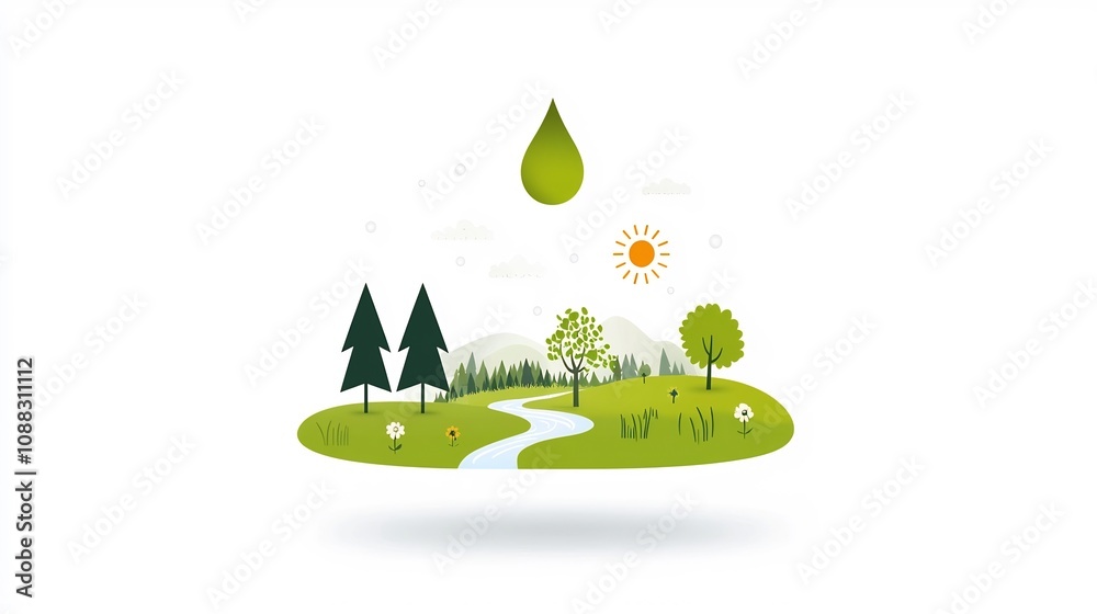 Aufkleber water droplet icon with a scenic landscape of trees rivers and natural elements inside symbolizing t