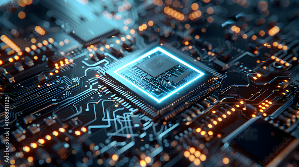 Aufkleber circuit board futuristic technology with light beam on transparent background 3d rendering. holograp