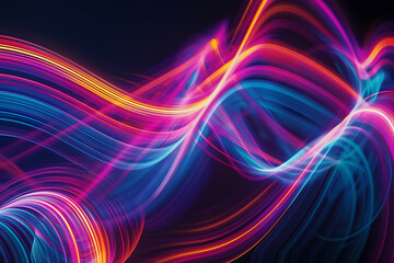 Naklejka premium Dynamic neon light streaks flowing on a black backdrop, creating vibrant motion.