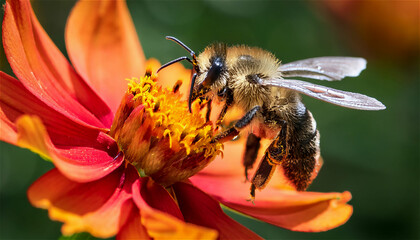 A photograph of a bee's body hovering in front of a colorful flower covered in yellow pollen