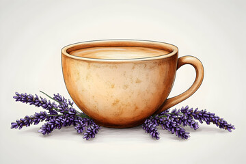 A warm, earthy-toned mug of a light brown color, filled with a creamy light-brown liquid, resting on a light-gray surface with sprigs of lavender flowers.