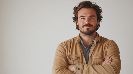 Obraz premium Casual man with a beard, standing with arms crossed, wearing a relaxed outfit, friendly smile, against white backdrop