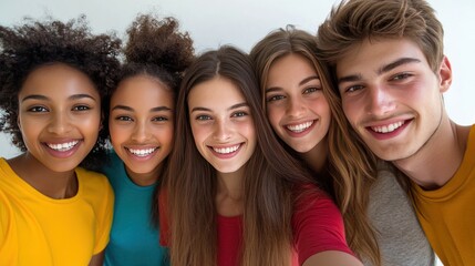 Obraz premium Friends taking a selfie, happy expressions, gathered close, dressed casually, white background