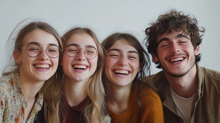 Fototapeta premium Group of friends laughing together, all in casual attire, gathered closely, joyful expressions, on white background