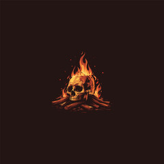 Burning skull head campfire logo design vector t-shirt illustration