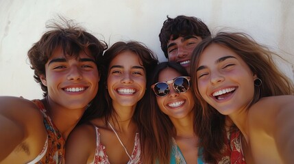 Obraz premium Friends taking a selfie, happy expressions, gathered close, dressed casually, white background