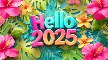 Hello 2025 with tropical flowers background 3d effects. Exotic  vacation in new year 2025 title 
