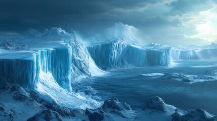 Majestic Frozen Landscape with Towering Icy Cliffs and Glaciers in a Winter Wonderland
