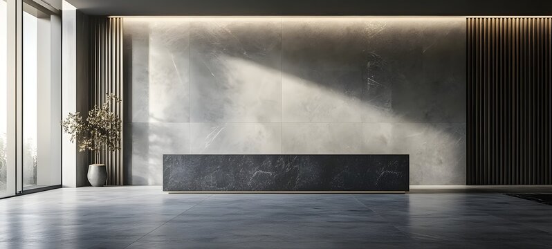 8. A sleek podium with a dark stone texture, positioned in a minimalist room with natural light, leaving plenty of space for a product.