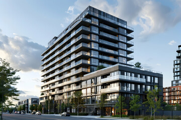 Modern condo with sleek glass facades standing against a minimalist urban backdrop.