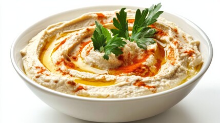 A bowl of creamy hummus garnished with olive oil, paprika, and parsley