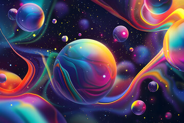Poster collection featuring glowing abstract spheres with colorful gradients on dark backgrounds.