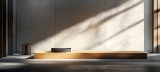 10. A polished wood podium with soft overhead lighting and gentle shadows, creating an elegant, empty space for product display.