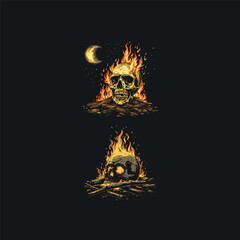 Burning skull head campfire logo design vector t-shirt illustration