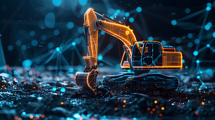 conceptual representation of the industry of the future, construction using technology without the use of man, an excavator based on artificial intelligence