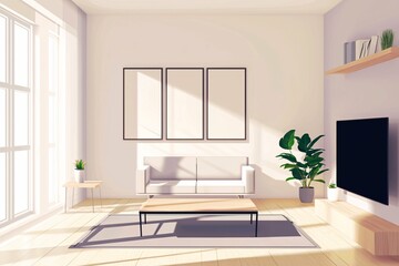 Minimalistic living on a white backdrop features a stylish modern apartment with essential furnishings, sleek lines, and a neutral color palette.