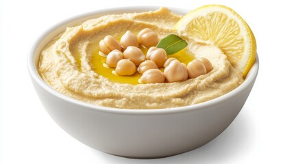 A bowl of creamy hummus with chickpeas, tahini, lemon juice