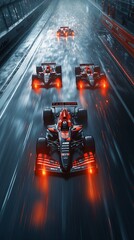view of an F1 race track featuring four Racing cars with distinct, sleek color light trails following them.