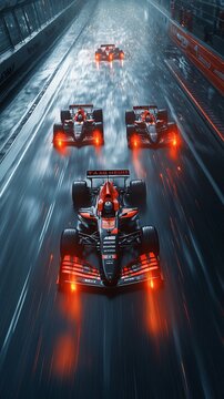 view of an F1 race track featuring four Racing cars with distinct, sleek color light trails following them.