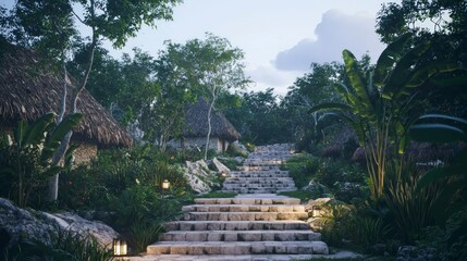 Serene Mayan Village at Dusk with Lantern-lit Thatched-Roof Huts and Ancient Stone Pathways in Lush Gardens - Ultra-Detailed Photo