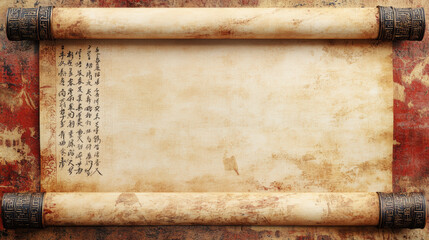 Elegant vintage decoration edges framing blank Chinese scroll, with soft, inviting background for artistic endeavors