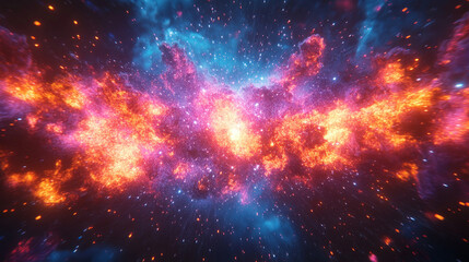 vibrant holographic solar flare bursts against the cosmic backdrop, resembling a colorful fireworks display in space, symbolizing energy, creation, and the vastness of the universe