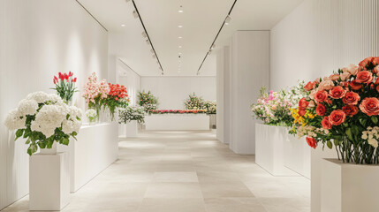 Minimalist flower shop interior with white walls and clean lines, featuring vibrant displays of roses, tulips, and daisies