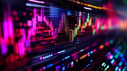 Fototapeta premium A focused view of a laptop screen displaying a crypto trading interface with a volatile market chart, featuring rapid price fluctuations and high volume spikes. The screen shows colorful candlesticks,