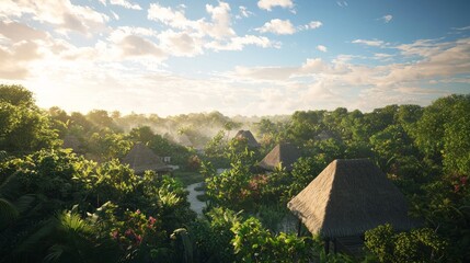 Obraz premium Morning Serenity in a Mayan Village: Peaceful Dawn with Thatched-Roof Huts and Lush Gardens